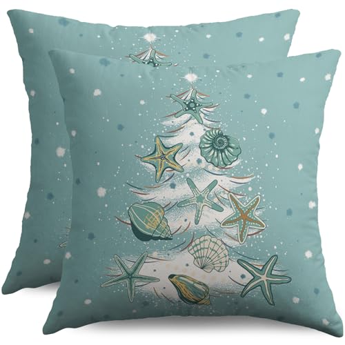 20x20 Aqua Blue Christmas Pillow Covers Set of 2 Coastal Holiday Decor