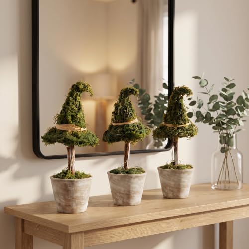 Artificial Moss Witch Hat Topiary Tree in Pot - Gothic Halloween Decor, Green & Brown