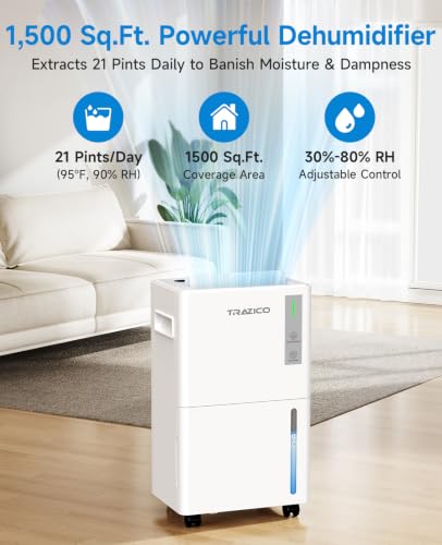 Dehumidifier for Basement 1500 Sq Ft, 21 Pints with Drain Hose - Trazico