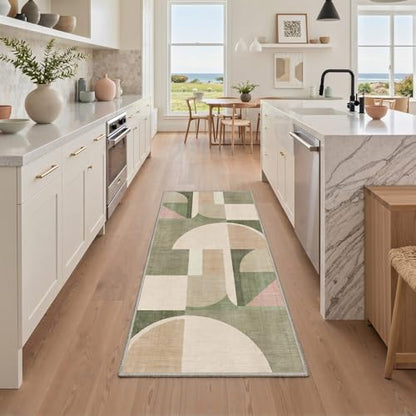 Sage Beige 8x10 Washable Area Rug - Mid Century Modern Green Abstract Rug for Bedroom