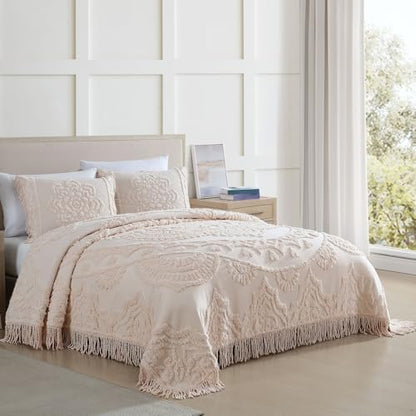 Vintage Lotus Medallion Chenille Bedspread Queen - Shabby Chic Blush Bedding