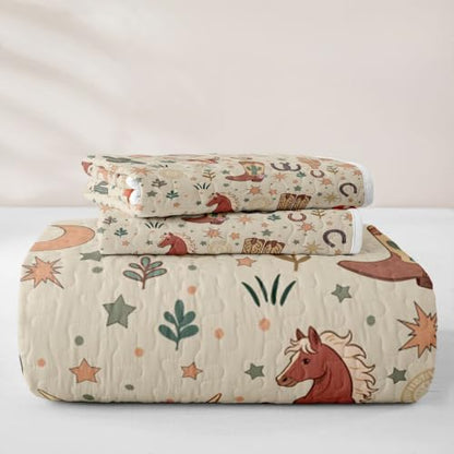 Western Cowboy Quilt Set Full Size with Pillowcases - Terracotta Peach & Oat Cream - All Season Rodeo Bedding for Kids & Teens