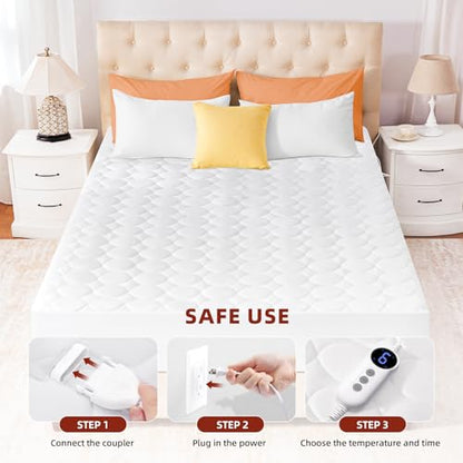 King Size Heated Mattress Pad with Dual Control - White, 9 Settings, Auto Off