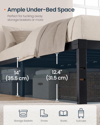 Queen Size Metal Bed Frame - 14 Inch Platform Bed with Support & Under-Bed Storage