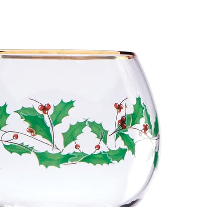 Balloon Wine Glasses Set of 4 - 14oz Holiday Holly Leaf & Gold Trim