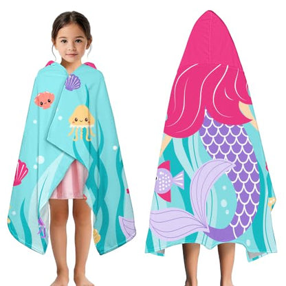 Mermaid Hooded Towels for Kids 30x50 Inches - Soft Absorbent Toddler Beach Wrap - Variation 02.mermaid-01