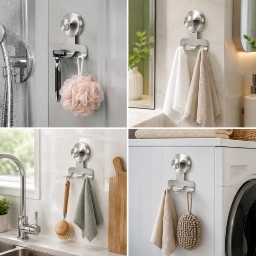 Heavy-Duty Shower Razor Holder Suction Cup Hooks - Brushed Silver, 2 Pack