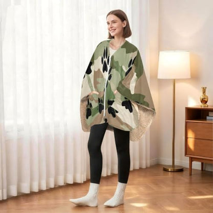 Wearable Blanket Shawl with Zipper & Pockets - Camo Print Cozy Loungewear