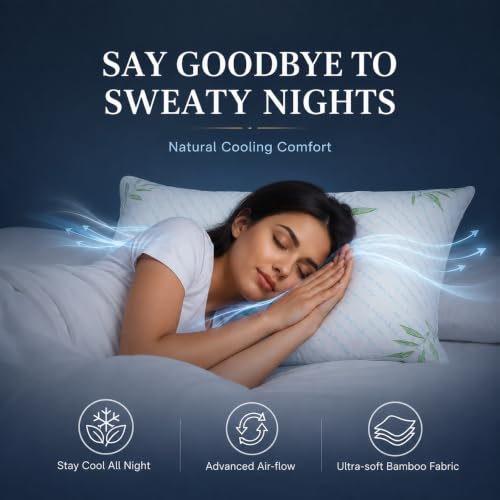 Queen Size Hybrid Cooling Bed Pillows Set of 2 - White, Breathable Bamboo Cover