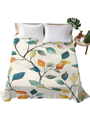 Queen Size Colorful Leaf Vine Flat Sheet - Microfiber Breathable Bed Cover in Orange Gray Blue Green