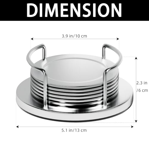 Silver Stainless Steel Coaster Set with Holder - 6 Modern Round Drink Coasters with Non-Slip EVA Base