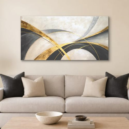 Geometric Abstract Canvas Wall Art - Black, Gold, Gray, Beige - 48 x 24 Inches