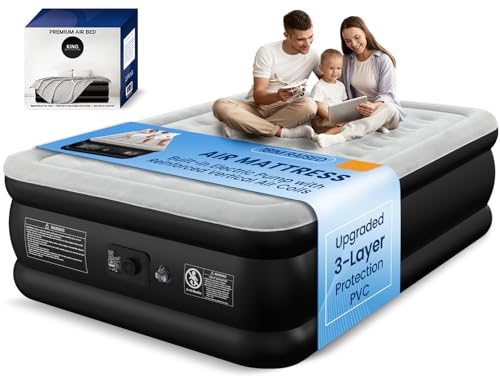 Queen Air Mattress with Built-in Pump - Grey, 3-Layer Puncture-Resistant PVC