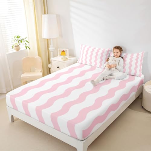 Queen Size Kids Fitted Sheet Set with Deep Pockets - White Pink, 3 Pieces