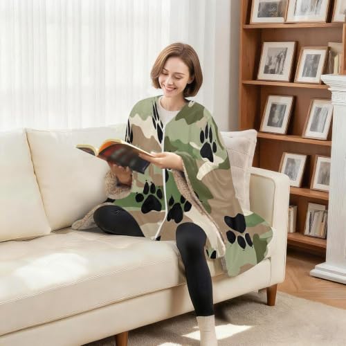 Wearable Blanket Shawl with Zipper & Pockets - Camo Print Cozy Loungewear