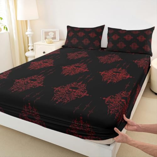 Gothic Skeleton Bed Sheets Set - Full Size Black and Red Victorian Style