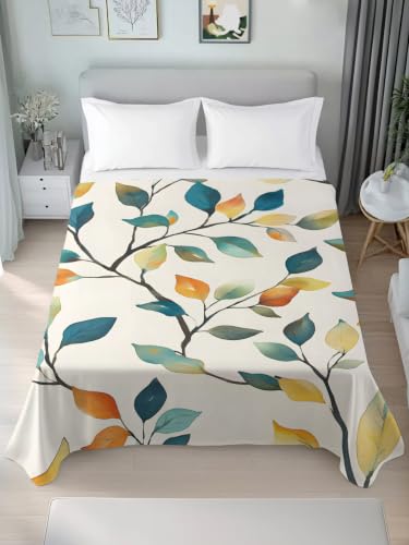 Queen Size Colorful Leaf Vine Flat Sheet - Microfiber Breathable Bed Cover in Orange Gray Blue Green