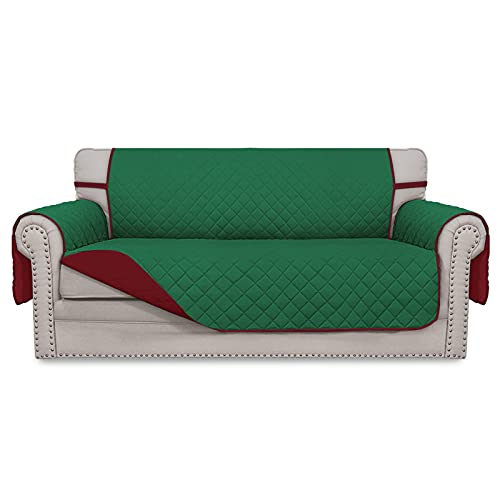Reversible Couch Cover for Sofa with 2 Cushions - Green & Christmas Red, Medium-XL Loveseat