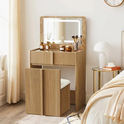 3-in-1 Vanity Desk with Mirror & Lights - Brown Oak (Variation: Brown Oak)
