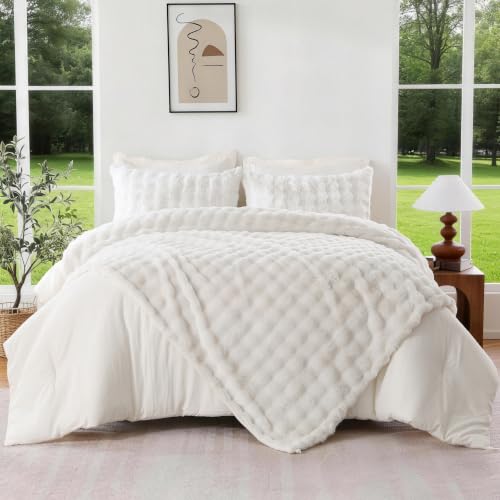 Queen Size Faux Rabbit Fur Comforter Set with Detachable Blanket - Cream White, 6 Pieces - Downcool