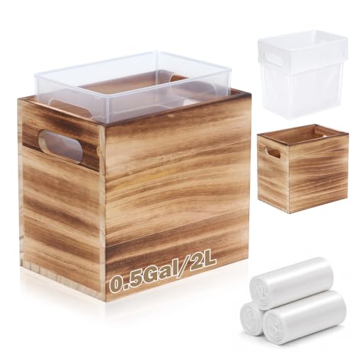 Wooden Mini Desk Trash Can with Bags - Pine Wood Waste Bin 0.5 Gal / 2L, Split Design