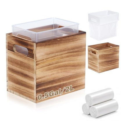 Wooden Mini Desk Trash Can with Bags - Pine Wood Waste Bin 0.5 Gal / 2L, Split Design