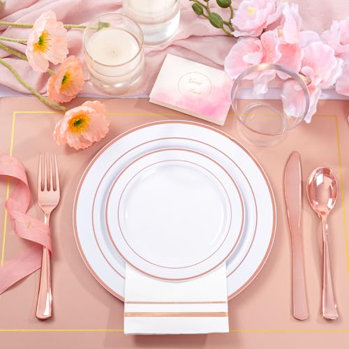 50 Guest White Rose Gold Plastic Plates Party Supplies for Wedding & Birthday