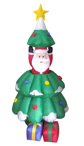 Animated Lighted Christmas Inflatable Santa Claus Rising from Tree - Outdoor Holiday Decor