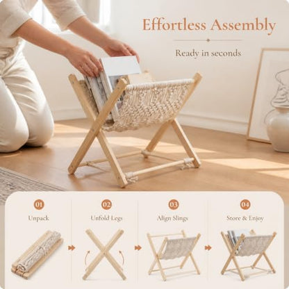 Wood Frame Magazine Rack with Cotton Rope Strap - Space Saving Folding Book Holder