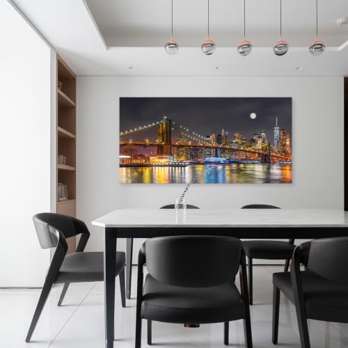 Brooklyn Bridge Night Skyline Canvas Wall Art - 58x29 Inches Colorful