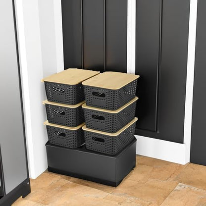 Ohmlove Plastic Storage Baskets - Stackable Containers with Bamboo Lid | 6-Pack for Organizing Home & Office