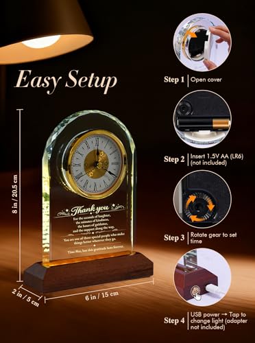 Thank You Gifts for Women Men - Glass Clock with 3-Color LED Wooden Base - Thank You Gift with Wooden Light Base
