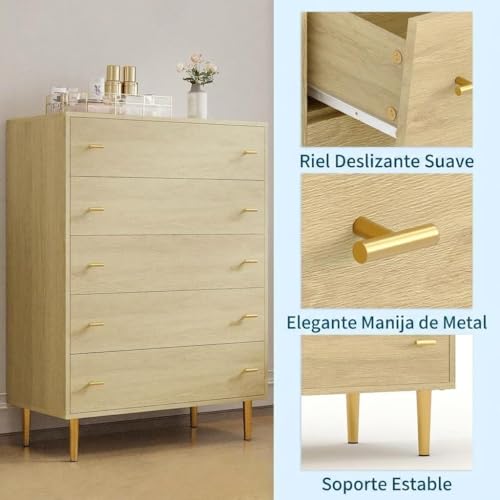 5-Drawer Dresser for Bedroom, 44" Wide, Natural Wood Grain with Gold Handles (31.5"D x 15.6"W x 43.2"H) — 5 Deep Drawers