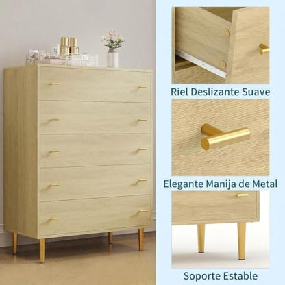 5-Drawer Dresser for Bedroom, 44" Wide, Natural Wood Grain with Gold Handles (31.5"D x 15.6"W x 43.2"H) — 5 Deep Drawers
