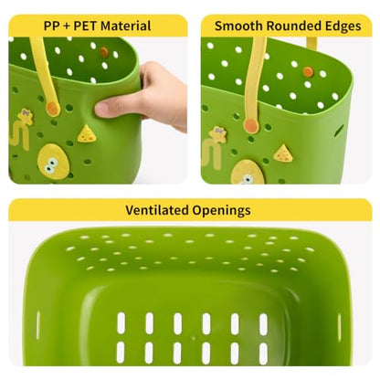 Green Bathtub Toy Storage Basket with Hooks Handles and Quick Drain