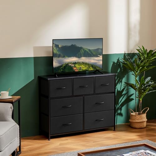 OLIXIS 7 Drawer Dresser for Bedroom, Wide Fabric Storage Tower with Wooden Top and Metal Frame, Closet Chest Organizer Furniture, TV Stand for Living Room Hallway, Rust Brown