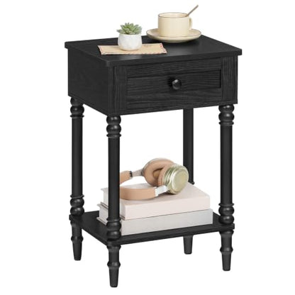 Nightstand with Drawer – Wooden Leg Bedside Table with Lower Shelf