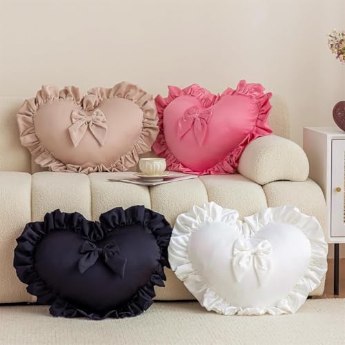 Light Pink Heart-Shaped Throw Pillow with Bow & Ruffle - Romantic Home Decor