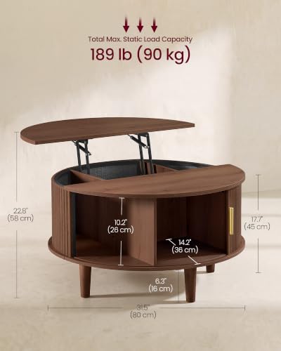Round Coffee Table with Lift Top and Tambour Sliding Door - Chestnut Brown, 31.5 inch Diameter