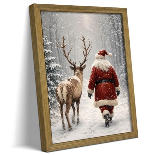 Vintage Santa Reindeer Christmas Wall Art - Framed 10x8 Inch Rustic Canvas