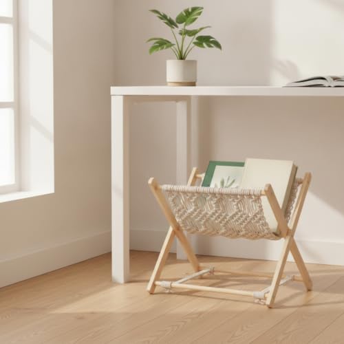 Wood Frame Magazine Rack with Cotton Rope Strap - Space Saving Folding Book Holder