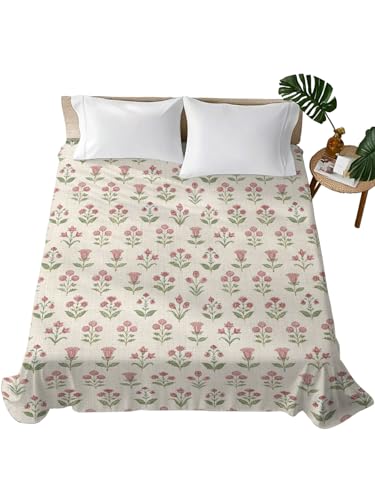 Twin XL Flat Sheet Pink Flowers Microfiber Bed Sheets - Blush Pink, Cream, Rose, Olive