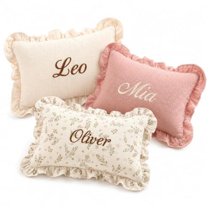 Personalized Nursery Name Pillow with Ruffle Edge - Custom Embroidered Toddler Cushion