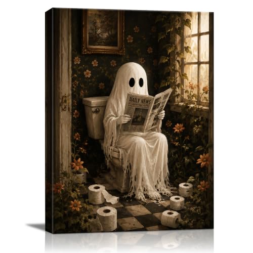 Halloween Canvas Wall Art Ghost Reading Bathroom - 8x10 Inches - Karani