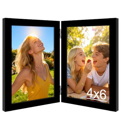 FIXSMITH 4x6 Double Hinged Picture Frame Set - Black Wall & Desk Photo Display