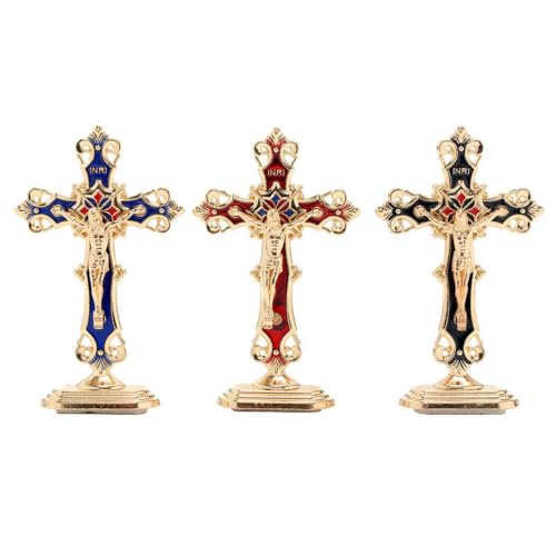 Mini Standing Crucifix Assortment with Enamel Details - 3 Inches, Pack of 3