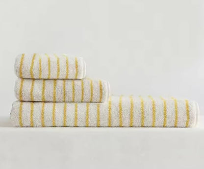 White Cotton Bath Towel Set with Yellow Stripes - 3-Piece Bathroom Linen