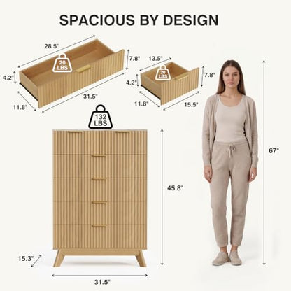 JUMMICO Fluted Tall Dresser - 6-Drawer Chest, 31.5" Wide, Natural