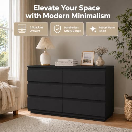 Black 6-Drawer Dresser with LED Light & Charging Station - Variation: Black