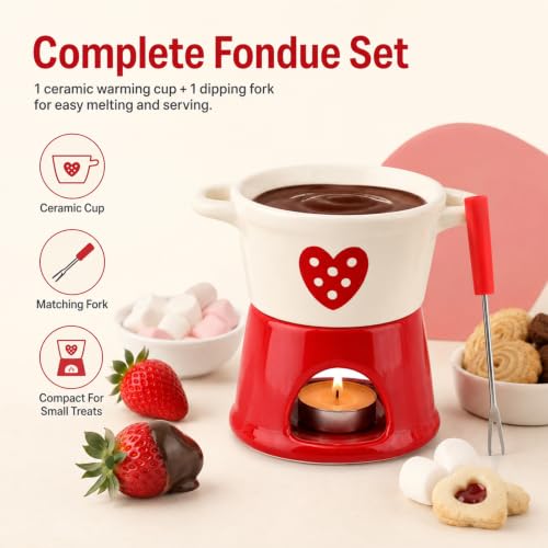 Mini Ceramic Fondue Cup with Fork - Candle Heated Personal Dipping Mug - Style 1